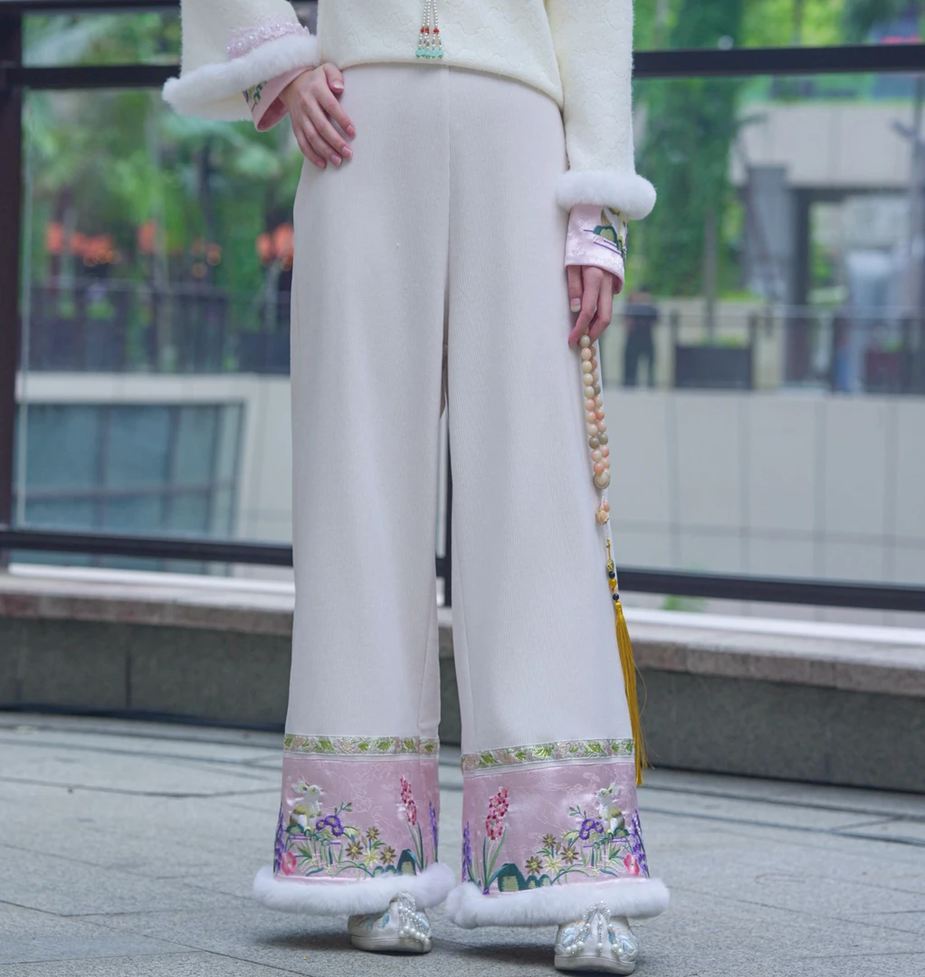 梦雅 新中式加厚提花国风直筒阔腿裤子