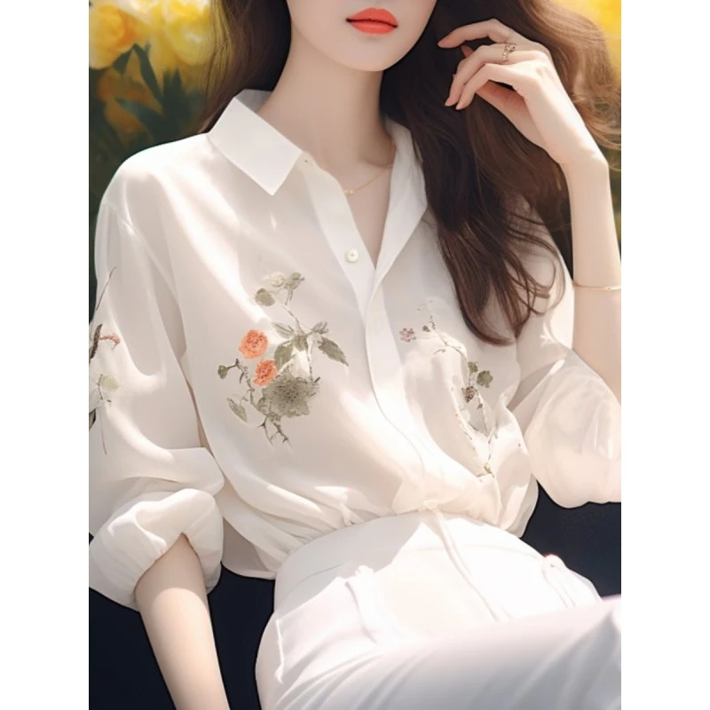法式白色印花雪纺衬衫2024新款女宽松气质长袖上衣别致漂亮防晒衫