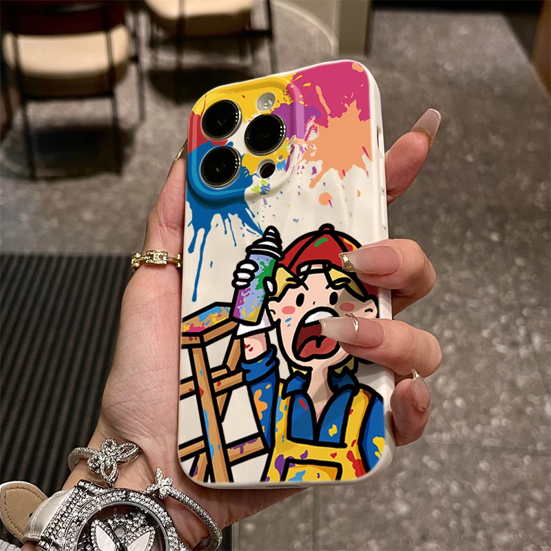 涂鸦喷画男孩iphone15苹果手机壳14promax褶皱13pro高级12全包11