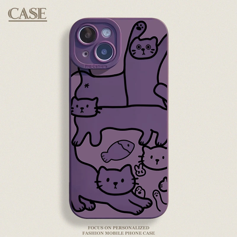紫底猫咪适用iPhone15ProMax手机壳14苹果13硅胶12软7p8p男女11xs