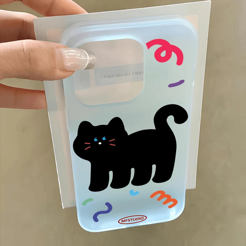 夏日彩色线条黑猫适用iphone13手机壳苹果15promax磨砂12小众14女