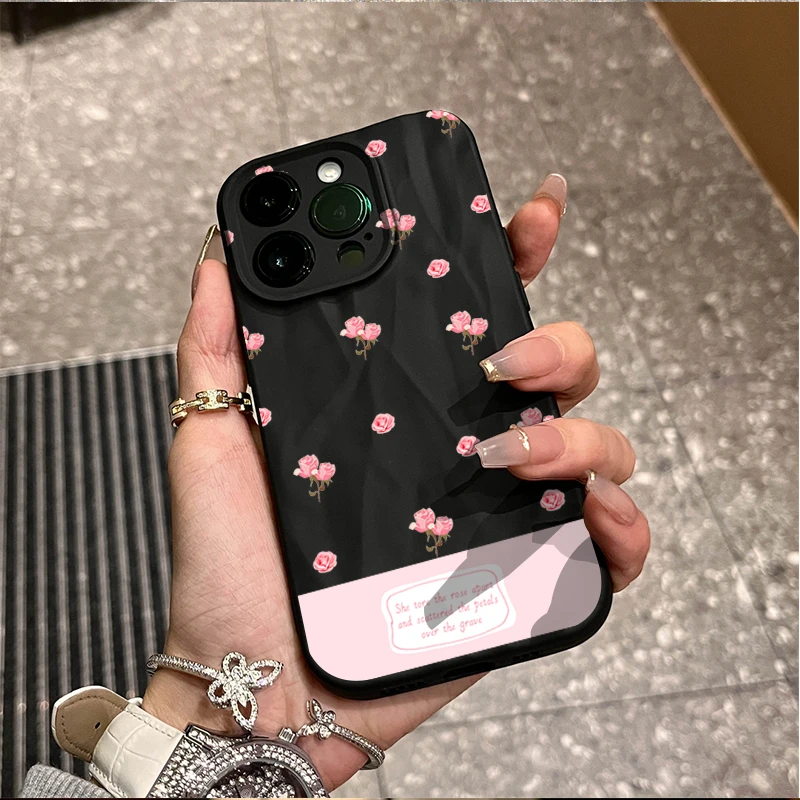 法式粉玫瑰苹果15promax褶皱手机壳iphone14全包13p12软11简约8