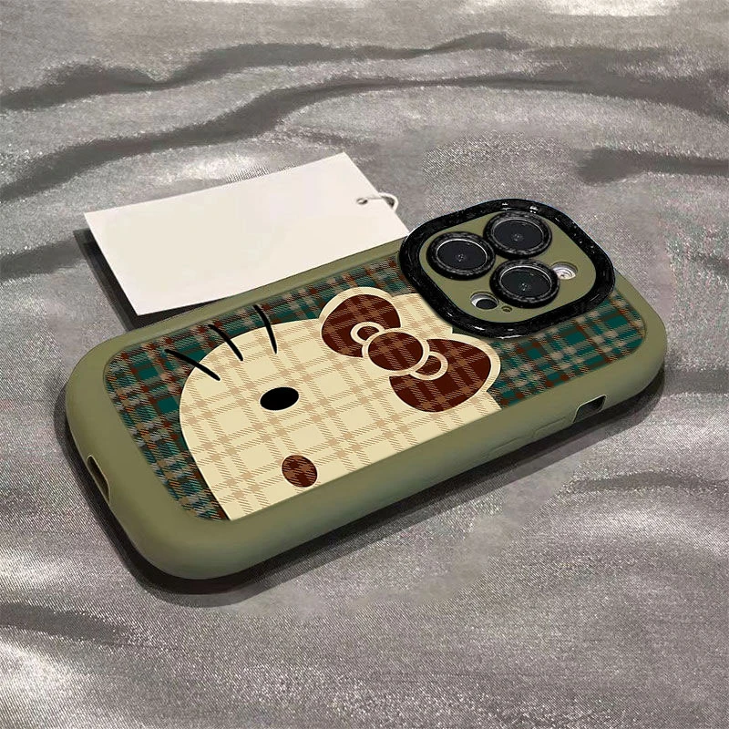 绿格纹大脸kt适用iphone16苹果15promax全包手机壳14泡芙13/12/11