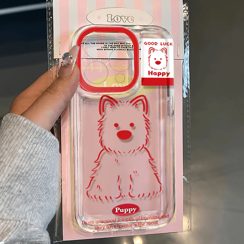 红色线条小狗适用苹果13 15手机壳iPhone14promax防摔12 11卡通xr