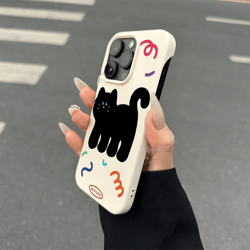 可爱呆萌黑猫适用iPhone1514promax半包手机壳苹果1312软套xr
