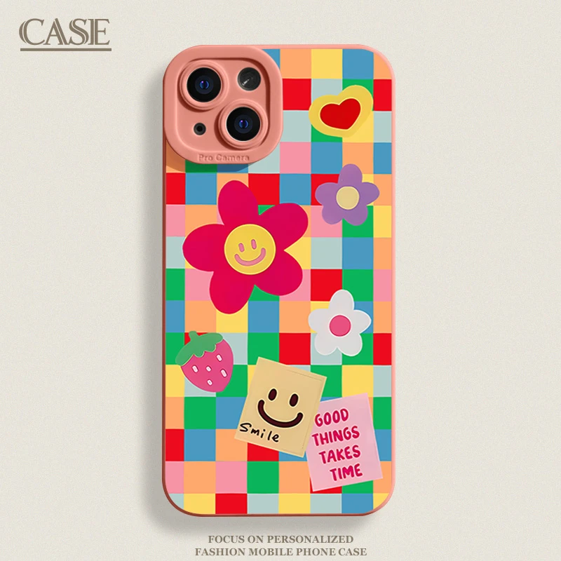 彩色格子花适用iPhone15ProMax手机壳14苹果13硅胶12软7p8p女11xs