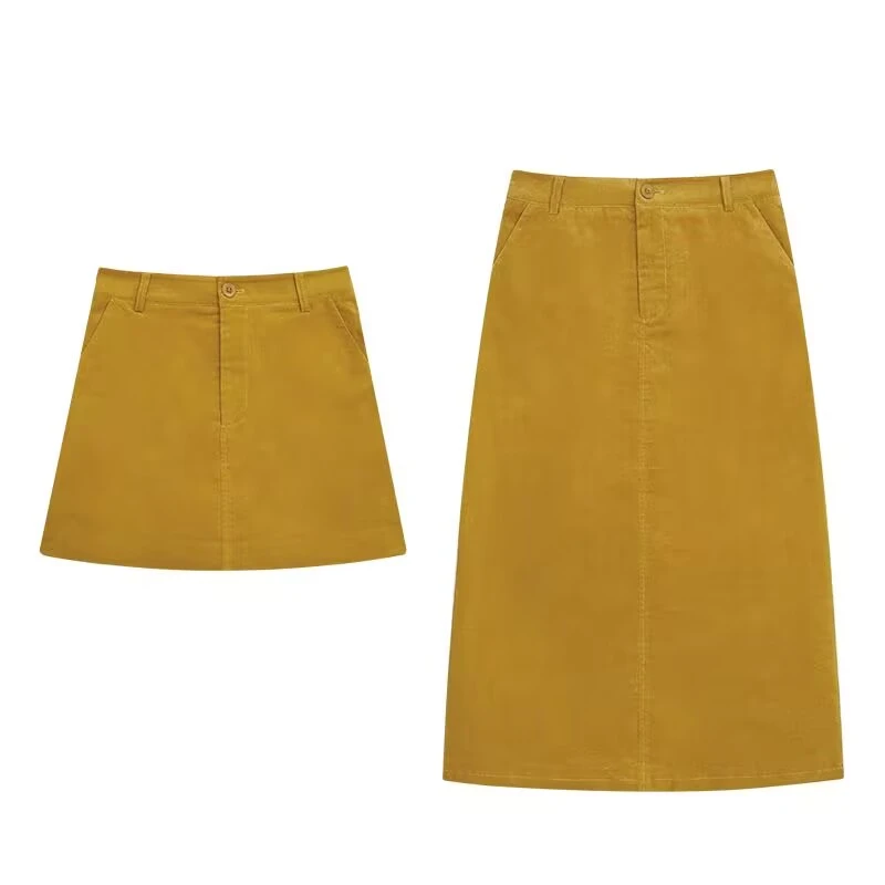 秋季通勤百搭短裙中长裙2024气质高腰复古感姜黄灯芯绒显瘦半身裙