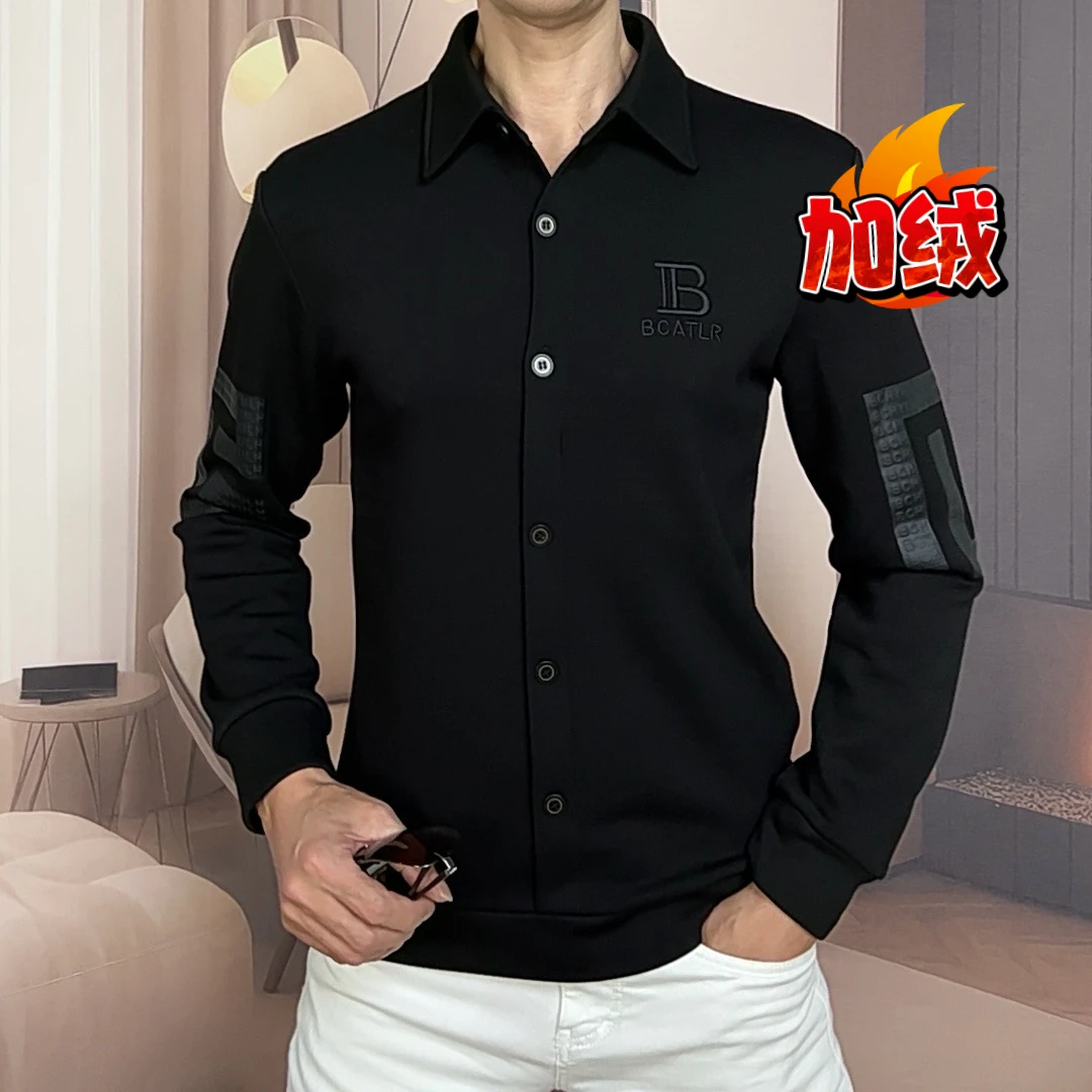 24年加绒翻领纽扣男装时尚休闲潮流百搭轻奢纯色高档男士长袖卫衣