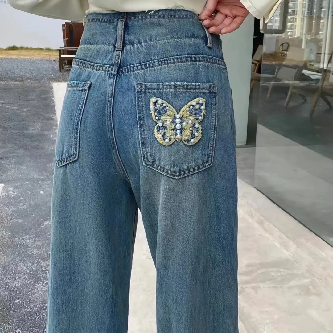 百搭水洗休闲复古时尚蓝色宽松牛仔裤三八妇女节洋气服装Y30721