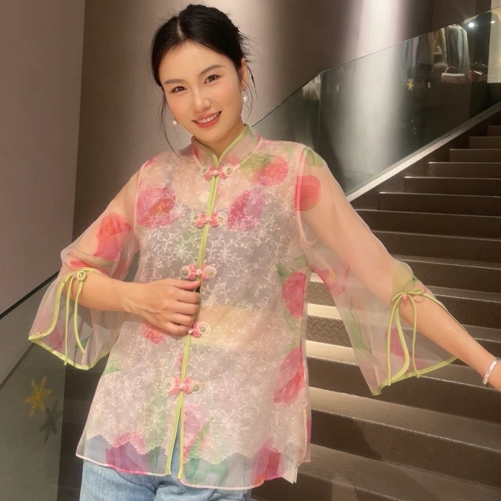 《国风定制》《郁金香》夏季新款百搭显瘦气质印花衬衣洋气衣服女5094