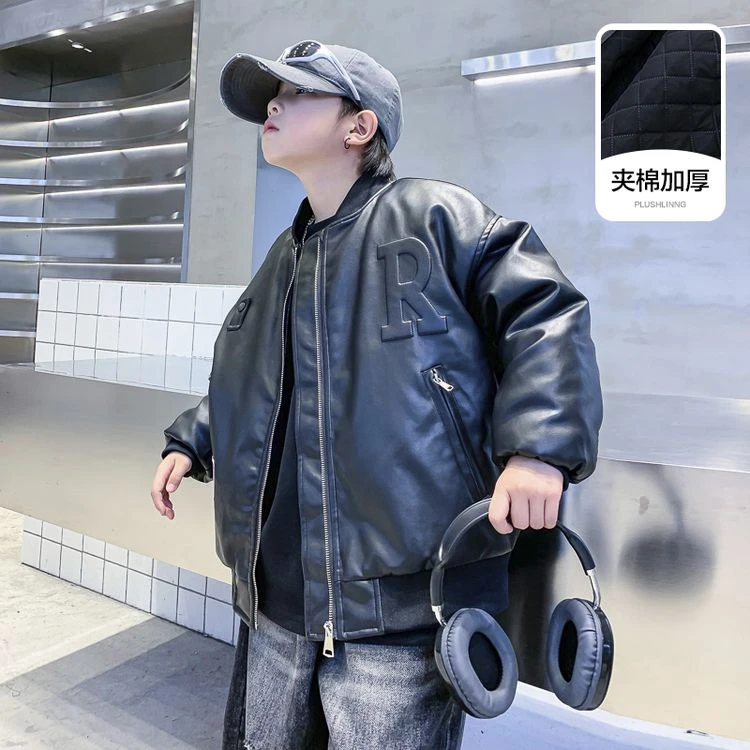 男童冬季潮酷机车棒球加厚皮衣棉服2024新款儿童男孩初冬夹棉外套