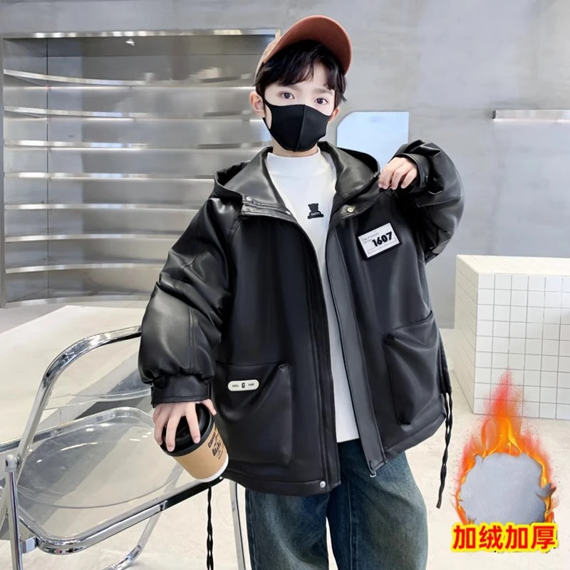 男童加绒加厚皮衣外套秋冬款2024新款冬季棉服大儿童冬装男孩夹克