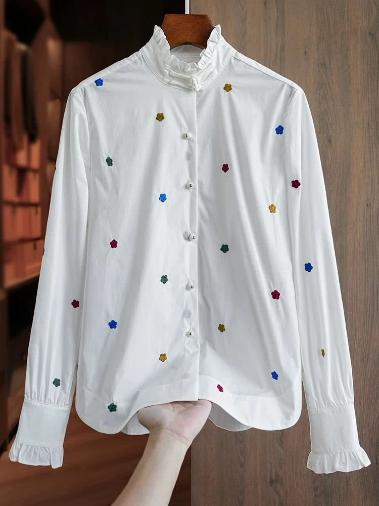 【多彩小花】新款百搭刺绣小花白色高支棉立领盘扣荷叶边长袖衬衫