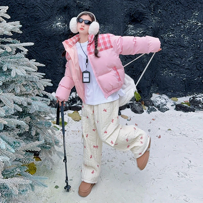 女童2024秋冬美式粉色格子拼接棉服短款加厚保暖夹棉外套棉袄