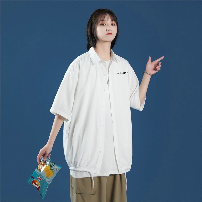 KONITIHA 夏季情侣日系五分短袖衬衫男女宽松冰丝立领衬衣ins1032