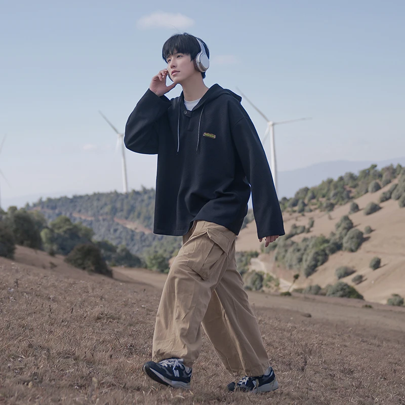 KONITIHA 春秋华夫格情侣垂感连帽休闲复古宽松日系卫衣外套 6400