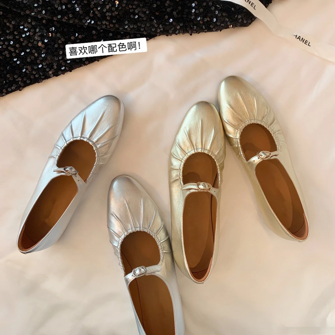 【葡萄妈同款】法式女孩~皱褶扣带平底玛丽珍单鞋芭蕾鞋女奶奶鞋夏