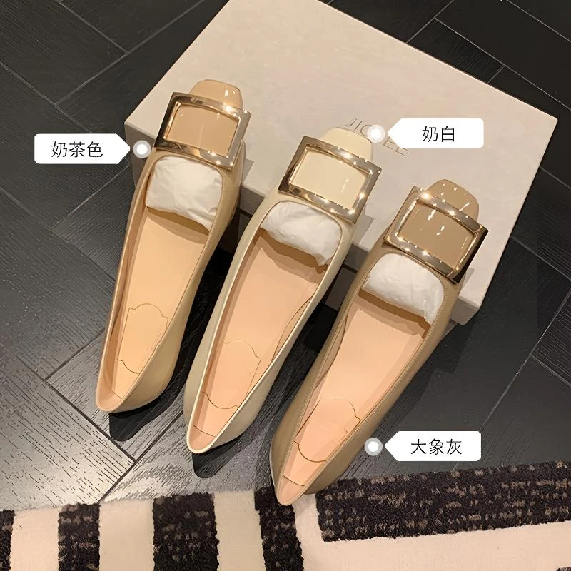 【葡萄妈同款】经典方扣漆皮小方头浅口高跟鞋女夏粗跟平底通勤单鞋