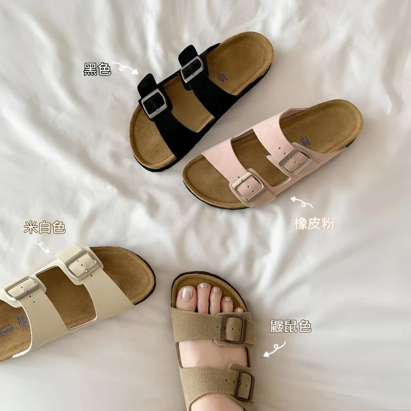 【苏茵茵同款】chao级款式~真皮复古软木底厚底扣带勃肯拖鞋女凉拖