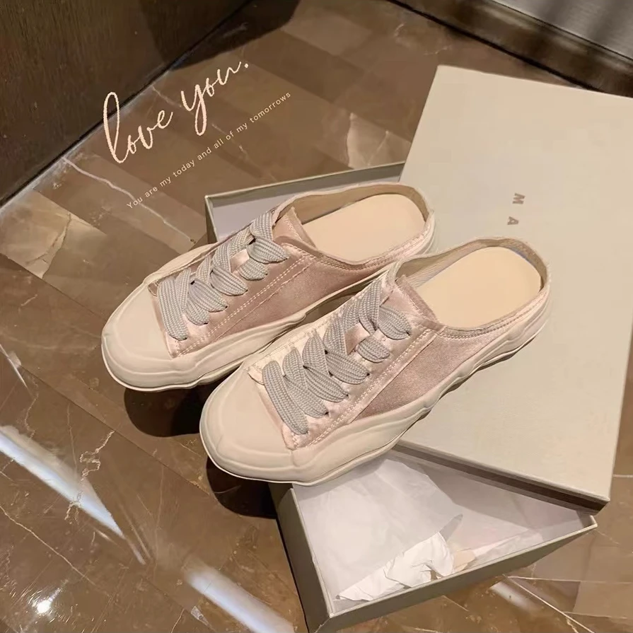 【葡萄妈同款】夏季圆头系带帆布鞋百搭溶解半拖休闲运动板鞋女新款