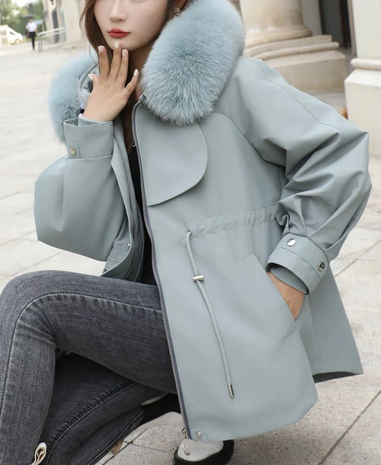 派克服2023新款狐狸毛领女冬兔毛内胆可拆卸时尚休闲外套中长款