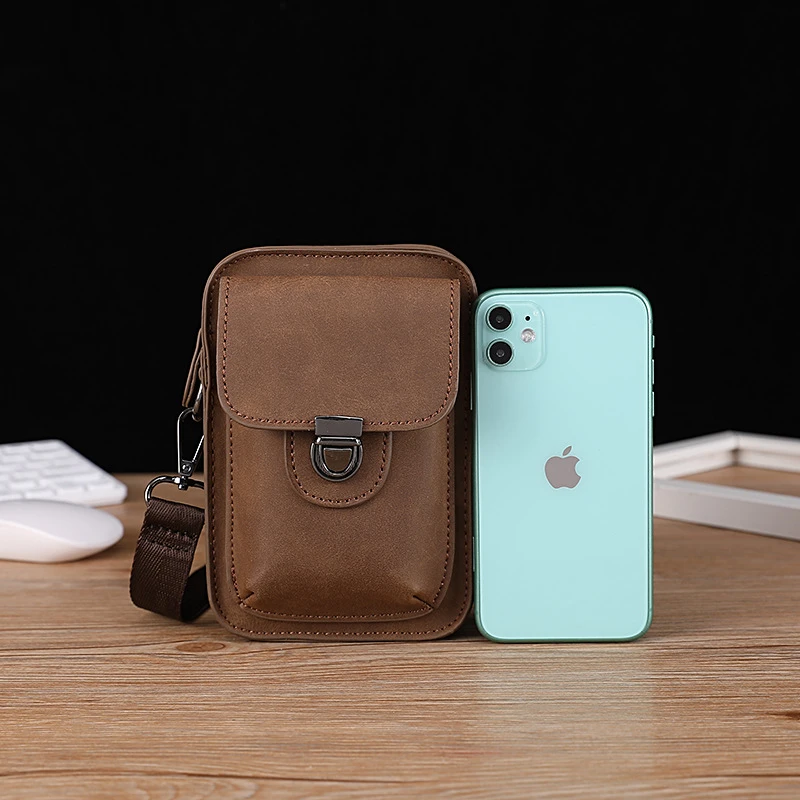 新款复古疯马男士休闲穿皮带手机腰包多功能皮质单肩斜挎手机包