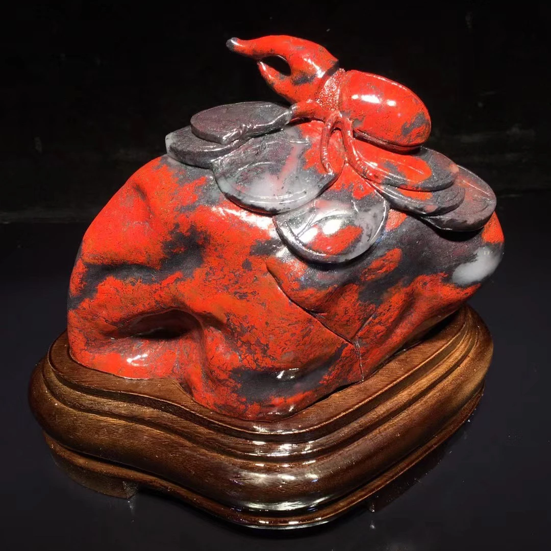 甲壳虫富甲一方桂林鸡血玉石客厅家居桌面玄关招财摆件24-10-20cm