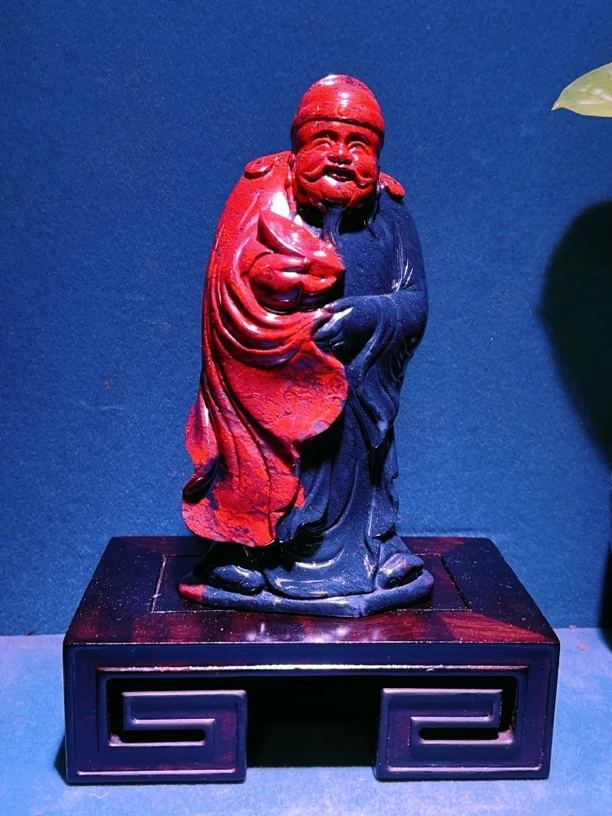 财神工艺品手工定制中式玄关鸡血玉桌面摆件净高13.5cm宽6.5cm