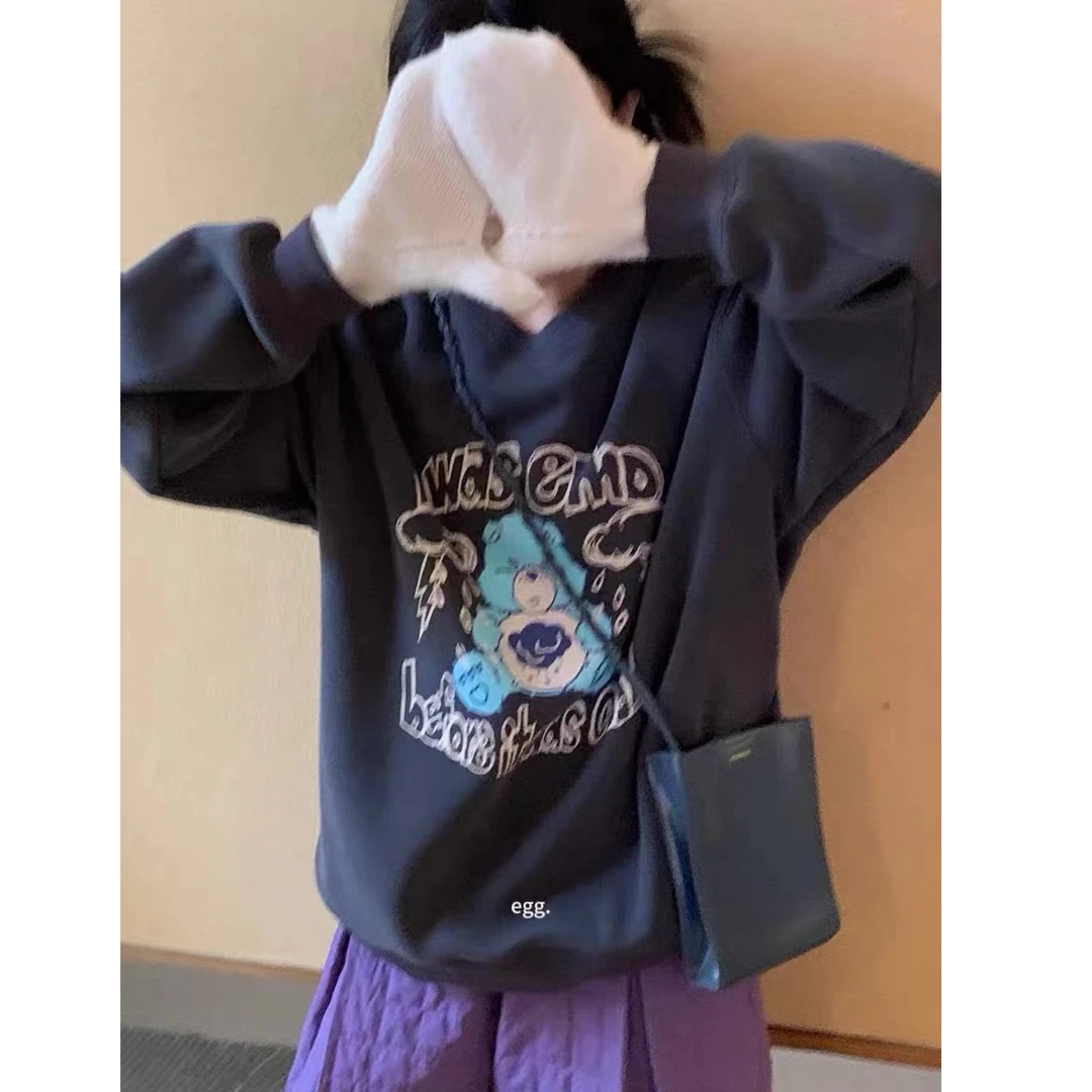 Pada&EGG【emo小熊】韩系百搭 宽松休闲加绒卫衣 2307 Hi Fortune