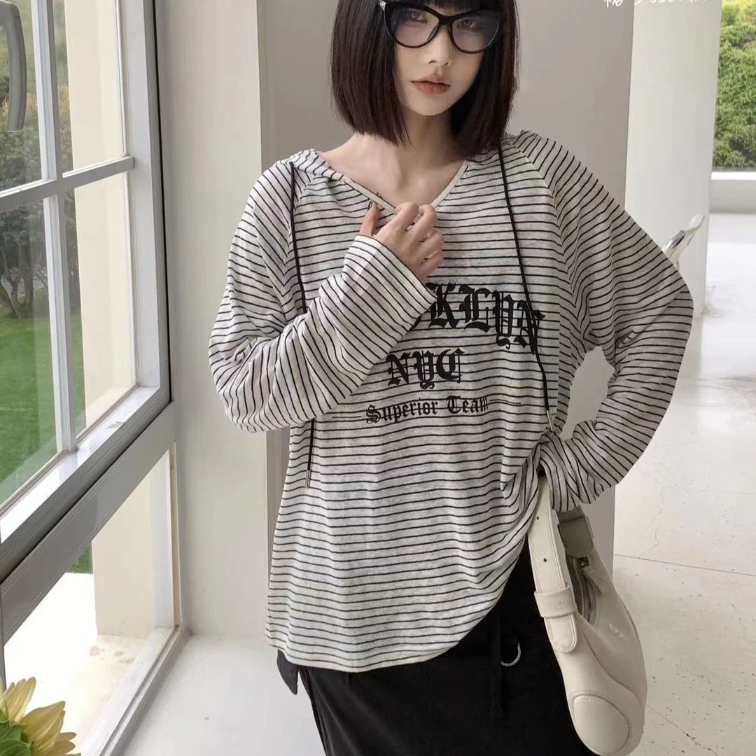 2024夏季新款~【高端】休闲百搭字母印花条纹连帽长袖T恤