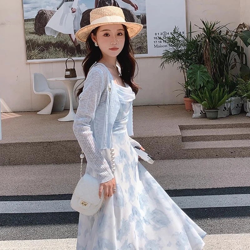 两件套水墨印花雪纺吊带连衣裙女夏季新款法式碎花套装中长款裙子