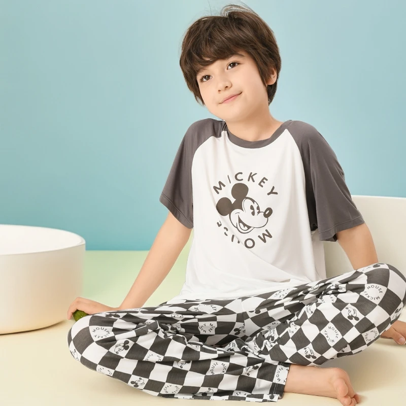 昱果儿童睡衣男童米奇夏季新款薄短袖家居服莫代尔套装长裤宽松