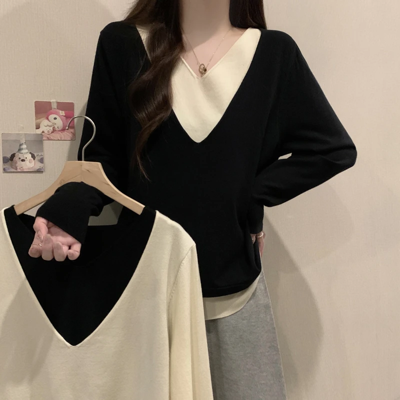 2025新款大码女装春季假两件针织衫胖妹妹显瘦宽松长袖毛衣上衣