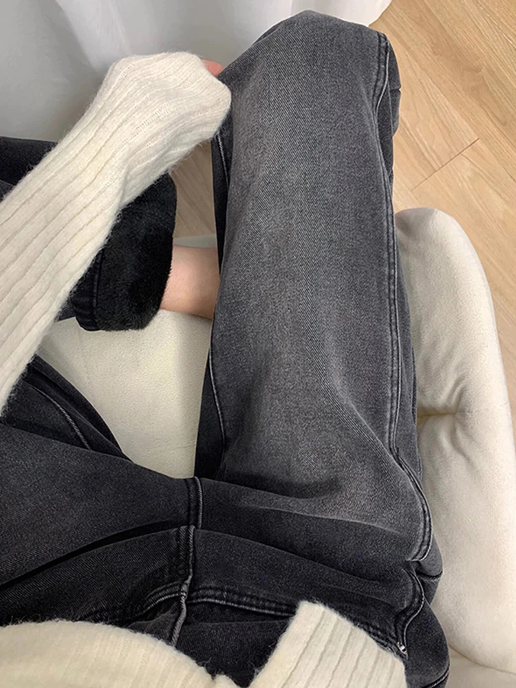 黑灰色直筒牛仔裤女2023秋冬季大码胖mm高腰宽松显瘦阔腿裤#33020