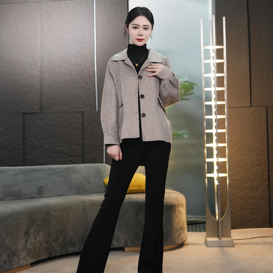 【丽爷】9019千鸟格毛呢外套