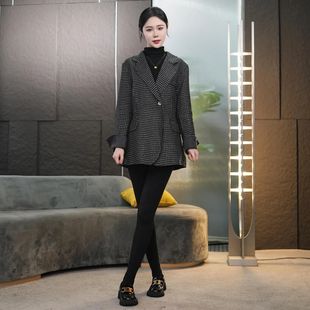 【丽爷】(2137)2051灰细格毛呢外套