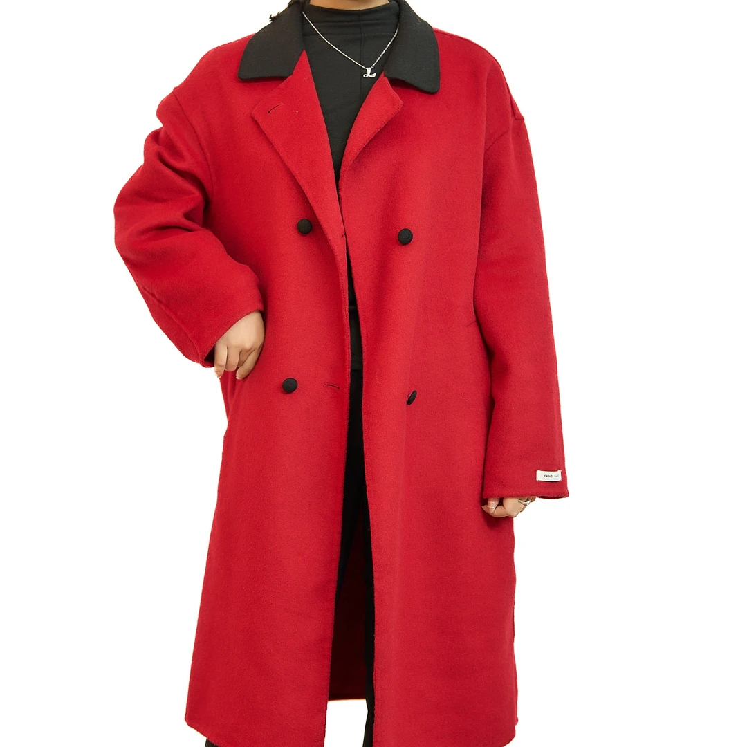 【丽爷】  黑领红色4粒扣毛呢外套