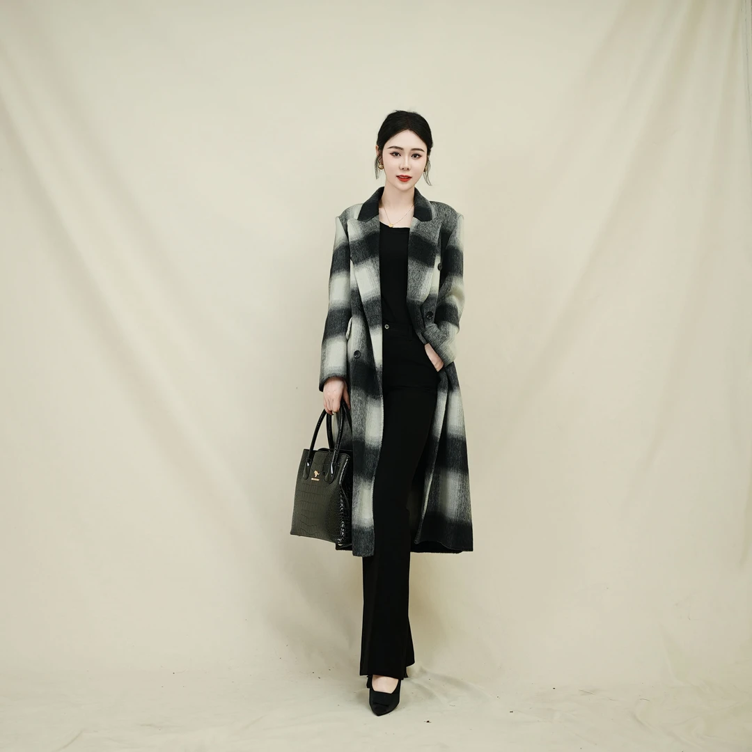 【丽爷】6677黑白格毛呢外套时尚