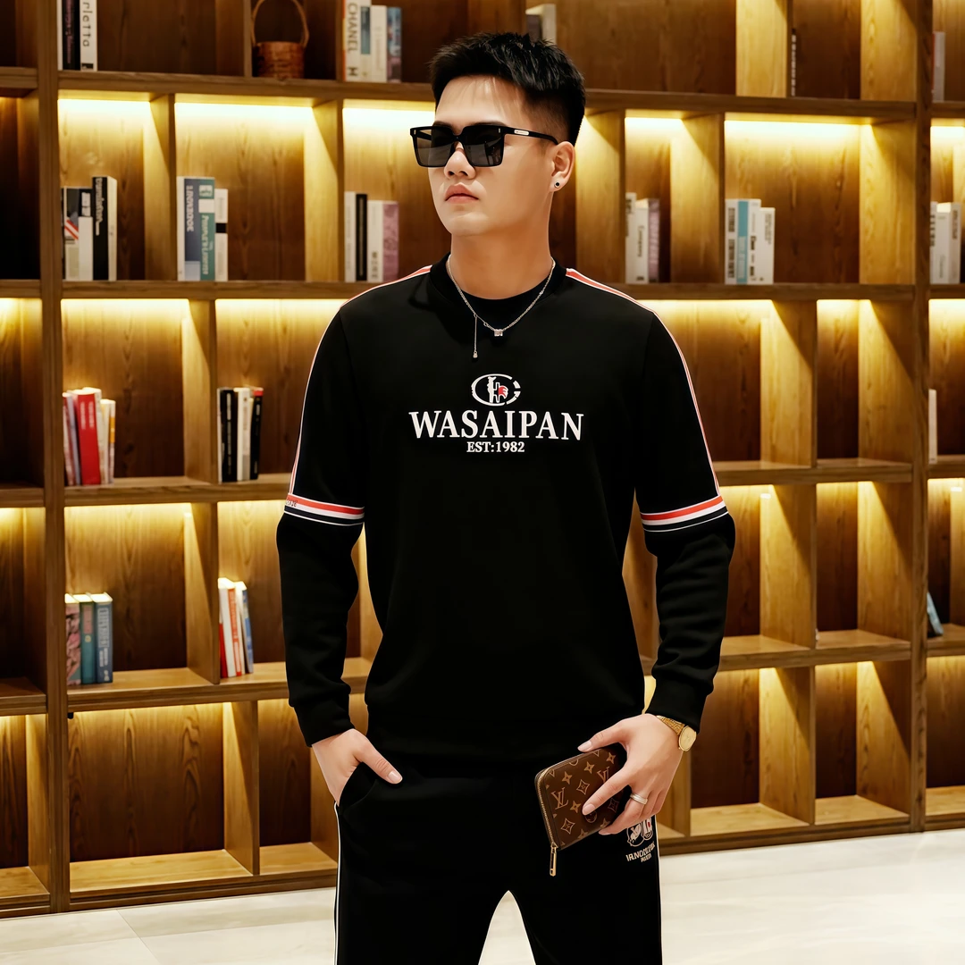 【KAER】春季新款冬季重磅加厚高档刺绣男士打底衫休闲百搭长袖圆领