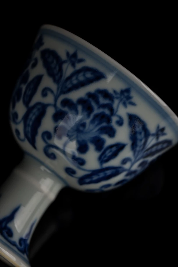 刘公子御 柴窑青花牡丹缠枝莲纹高足酒杯茶杯品茗杯