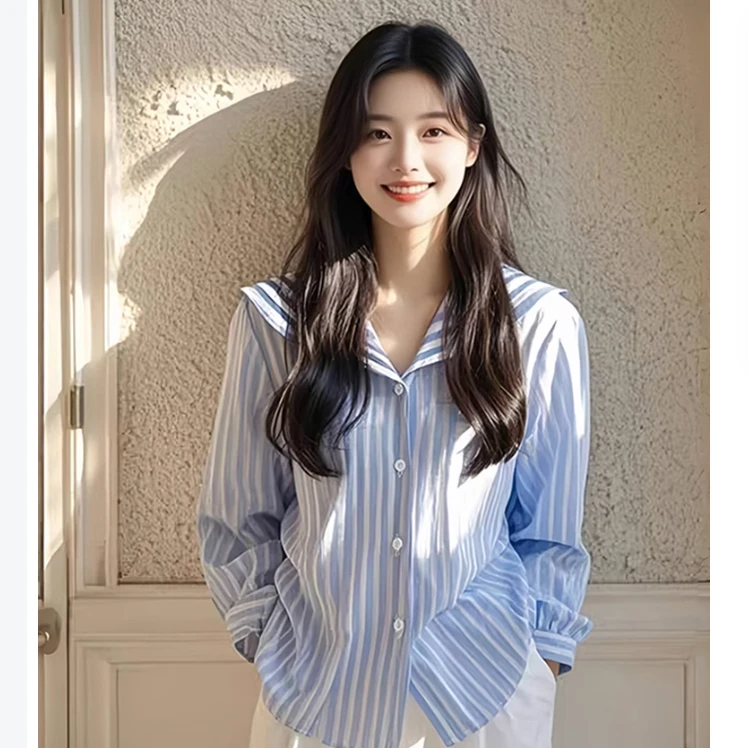 9232蓝色条纹海军领长袖衬衫2024早秋季新款女装韩系chic别致上衣