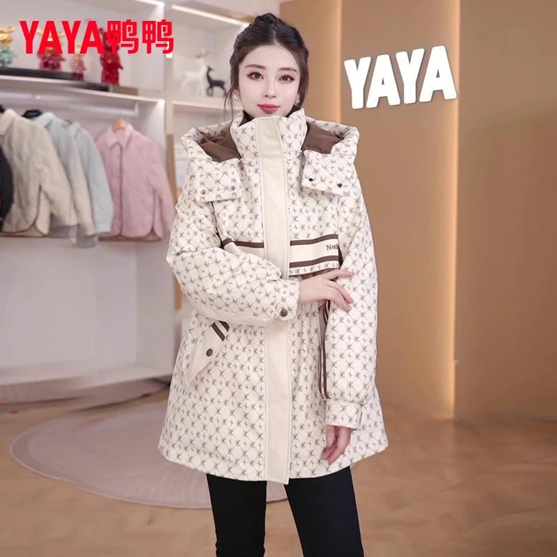 YAYA/鸭鸭羽绒服女冬中长款2024冬季新款爆款收腰显瘦派克服外套