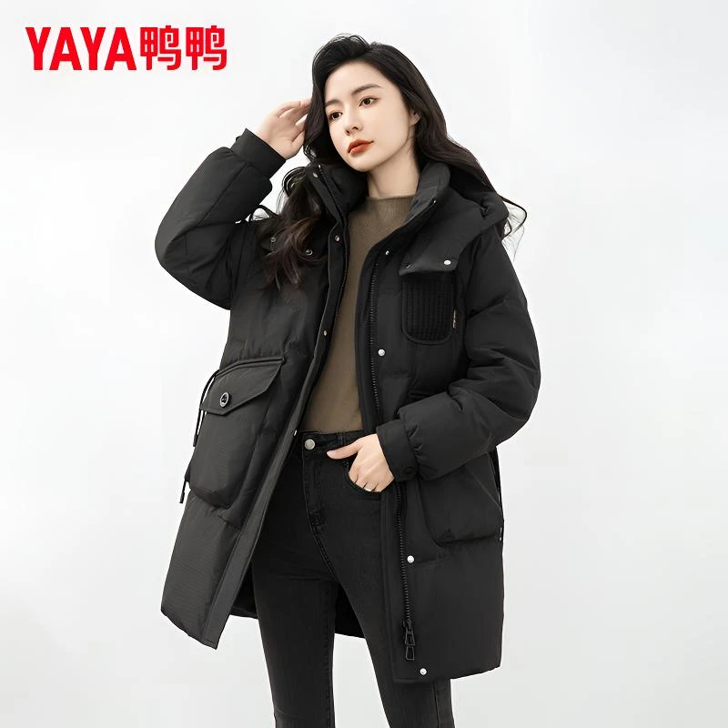 YAYA/鸭鸭羽绒服女新款爆款时尚冬连帽大口袋中长款保暖羽绒外套