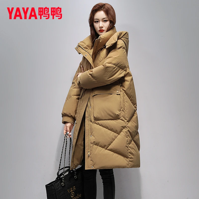 YAYA/鸭鸭羽绒服女冬季2024年连帽长款羽绒服时尚加厚保暖外套女