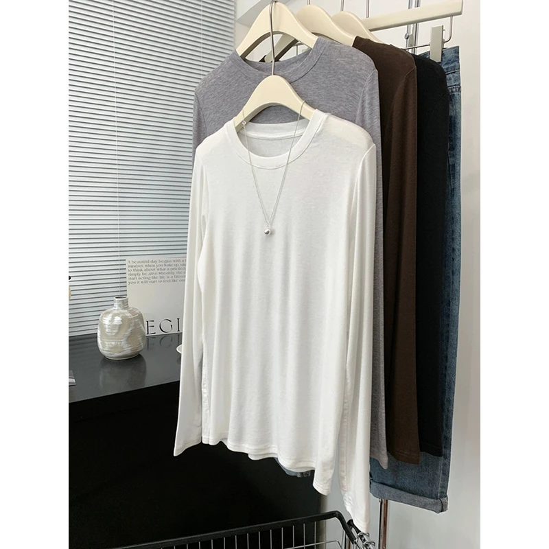 胖mm大码女装莱赛尔薄款长袖t恤春秋天丝羊毛内搭针织打底衫上衣