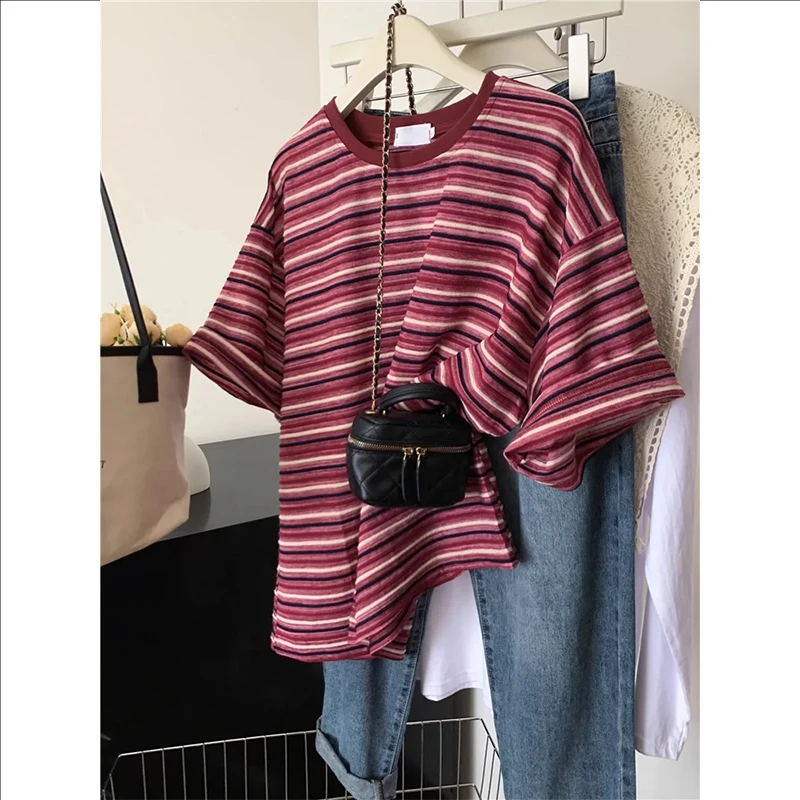 胖mm撞色条纹短袖T恤女装夏季2025年新款设计感小众宽松大码上衣