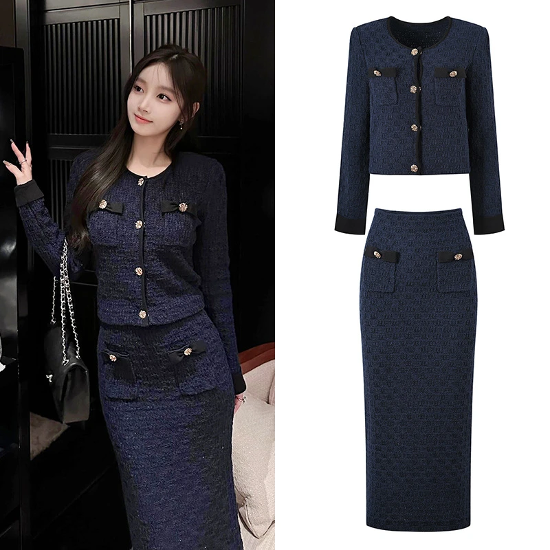 法式气质名媛修身显瘦圆领单排扣短款上衣+半身裙针织套装 24新款