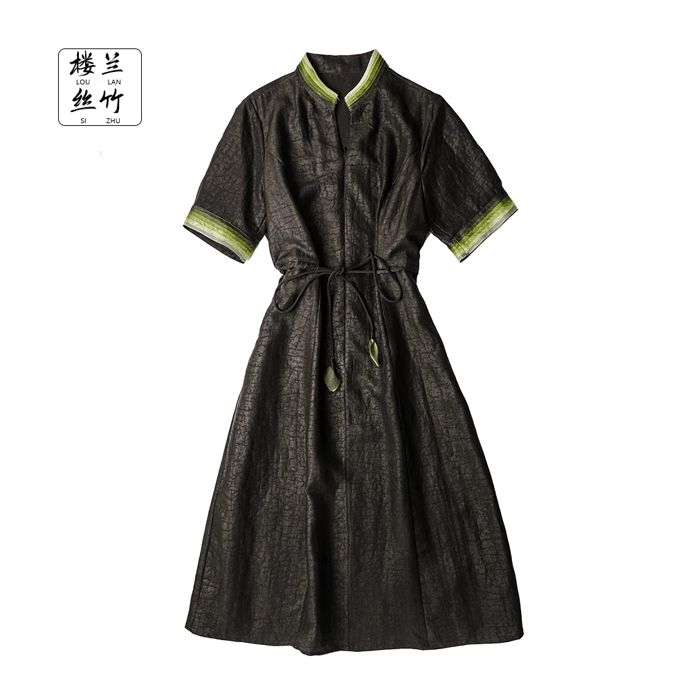老料龟纹香云纱撞色女装连衣裙L5183X