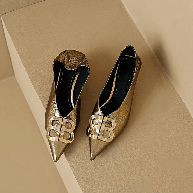 3.5cm/金属羊皮/欧美风气质款金属扣浅口尖头单鞋女软底软面