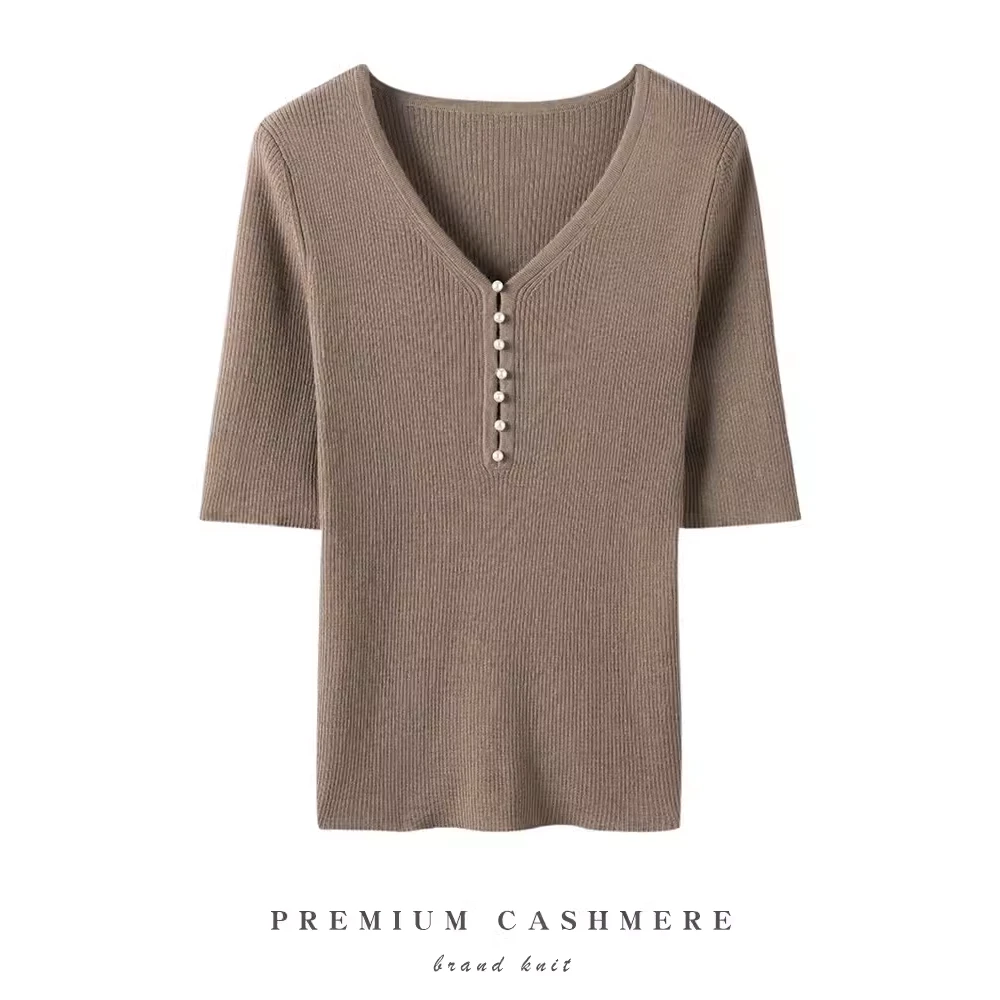 短袖T恤女2022年夏季新款洋气设计感V领纯色弹力修身薄款螺纹上衣